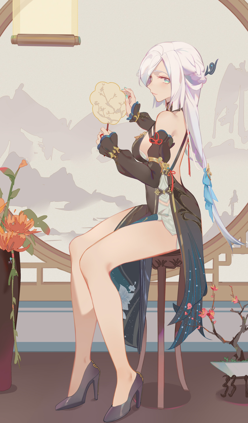 1girl absurdres bare_legs bare_shoulders black_dress black_footwear black_sleeves bonsai braid china_dress chinese_clothes chinese_commentary closed_mouth comet_(user_fjsa4577) detached_sleeves dress flower genshin_impact green_eyes hair_ornament hair_stick hand_fan high_heels highres holding holding_fan indoors lattice leaf long_hair long_sleeves mountain orange_flower paper_fan pelvic_curtain plant potted_plant red_flower shenhe_(genshin_impact) sideless_outfit sideways_glance sitting sleeves_past_wrists stool white_hair