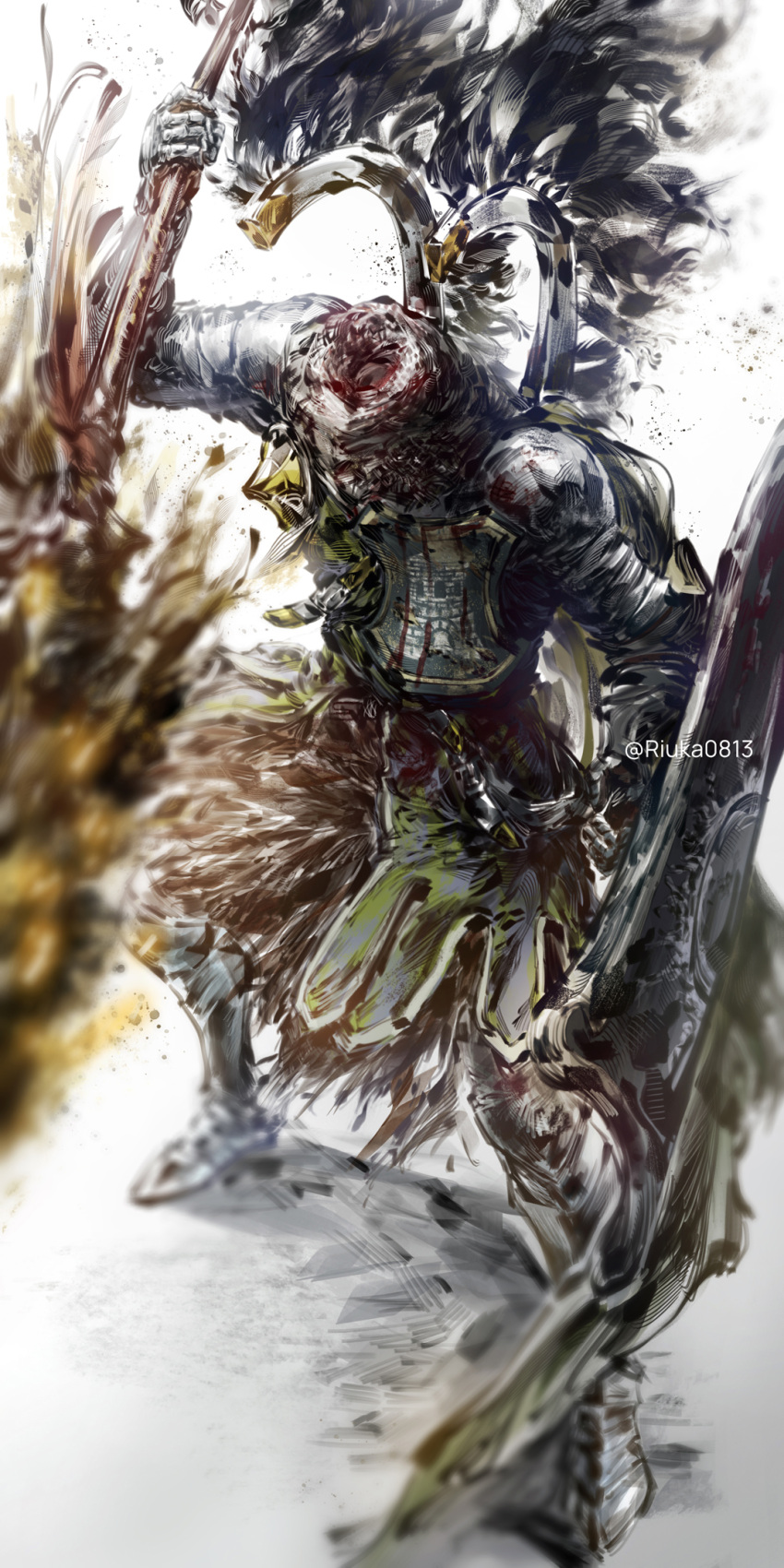 1girl armor blood dullahan elden_ring fake_wings full_body gauntlets headless highres holding holding_polearm holding_shield holding_weapon knight lhutel_the_headless polearm riuka0813 shield simple_background solo spear twitter_username weapon white_background wings