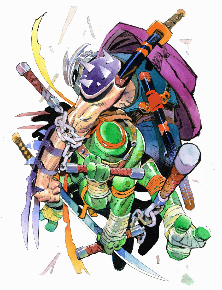 2boys armor cape commission helmet highres holding katana male_focus mask matias_bergara michelangelo_(tmnt) multiple_boys muscular muscular_male ninja nunchaku purple_cape scales shoulder_armor shoulder_blades shredder_(tmnt) simple_background smile spikes sword teenage_mutant_ninja_turtles turtle_boy weapon white_background