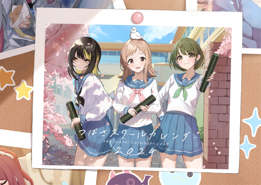 2024 3girls alternate_costume animal_on_head averting_eyes bird bird_on_head black_hair black_neckerchief blonde_hair blue_sailor_collar blue_skirt bulletin_board cherry_blossoms collaboration commentary_request debi_tarou doyagao falling_petals green_hair highres idolmaster idolmaster_shiny_colors ikaruga_luca kaiso_(kaisooekaki) light_brown_hair looking_at_viewer multicolored_hair multiple_girls nanakusa_nichika neckerchief on_head petals photo_(object) pigeon pink_neckerchief pleated_skirt sailor_collar sakuragi_mano school_uniform serafuku shirt skirt smug star_(symbol) streaked_hair uouokuma wanimaru white_shirt