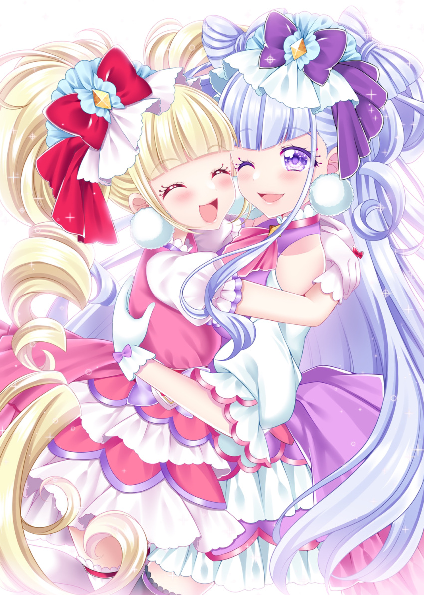 2girls ;d aisaki_emiru backlighting blonde_hair blunt_bangs blush bow bow-shaped_hair closed_eyes cowboy_shot cure_amour cure_macherie curly_hair dot_nose dress earrings eyelashes facing_viewer gloves hair_bow hair_ornament highres hug hugtto!_precure jewelry layered_dress long_hair magical_girl multiple_girls one_eye_closed open_mouth pink_dress pom_pom_(clothes) pom_pom_earrings precure puffy_sleeves purple_bow purple_dress purple_eyes purple_hair red_bow ruru_amour shirato_sayuri smile sparkle standing thighhighs twintails white_background white_gloves white_thighhighs