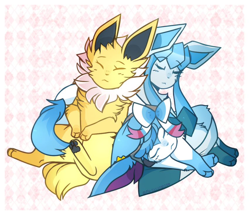 3_fingers 3_toes black_nose blue_body blue_fur eeveelution eyes_closed feet female feral fingers fur generation_1_pokemon generation_4_pokemon generation_6_pokemon glaceon group jolteon lying nintendo on_back pawpads paws pokemon pokemon_(species) simple_background sleeping sylveon toes trio unknown_artist white_body white_fur yellow_body yellow_fur