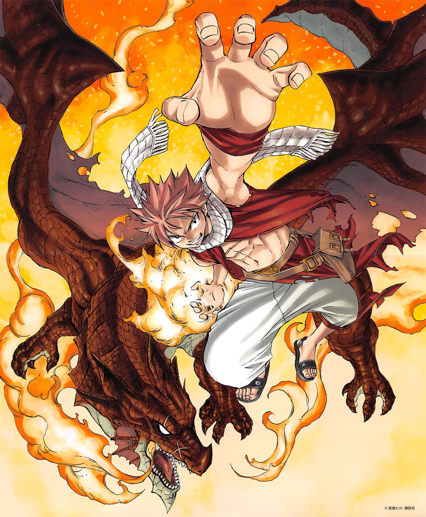 1boy abs dragon fairy_tail fire igneel male male_focus mashima_hiro natsu_dragneel official_art open_clothes open_vest pink_hair sandals scarf vest