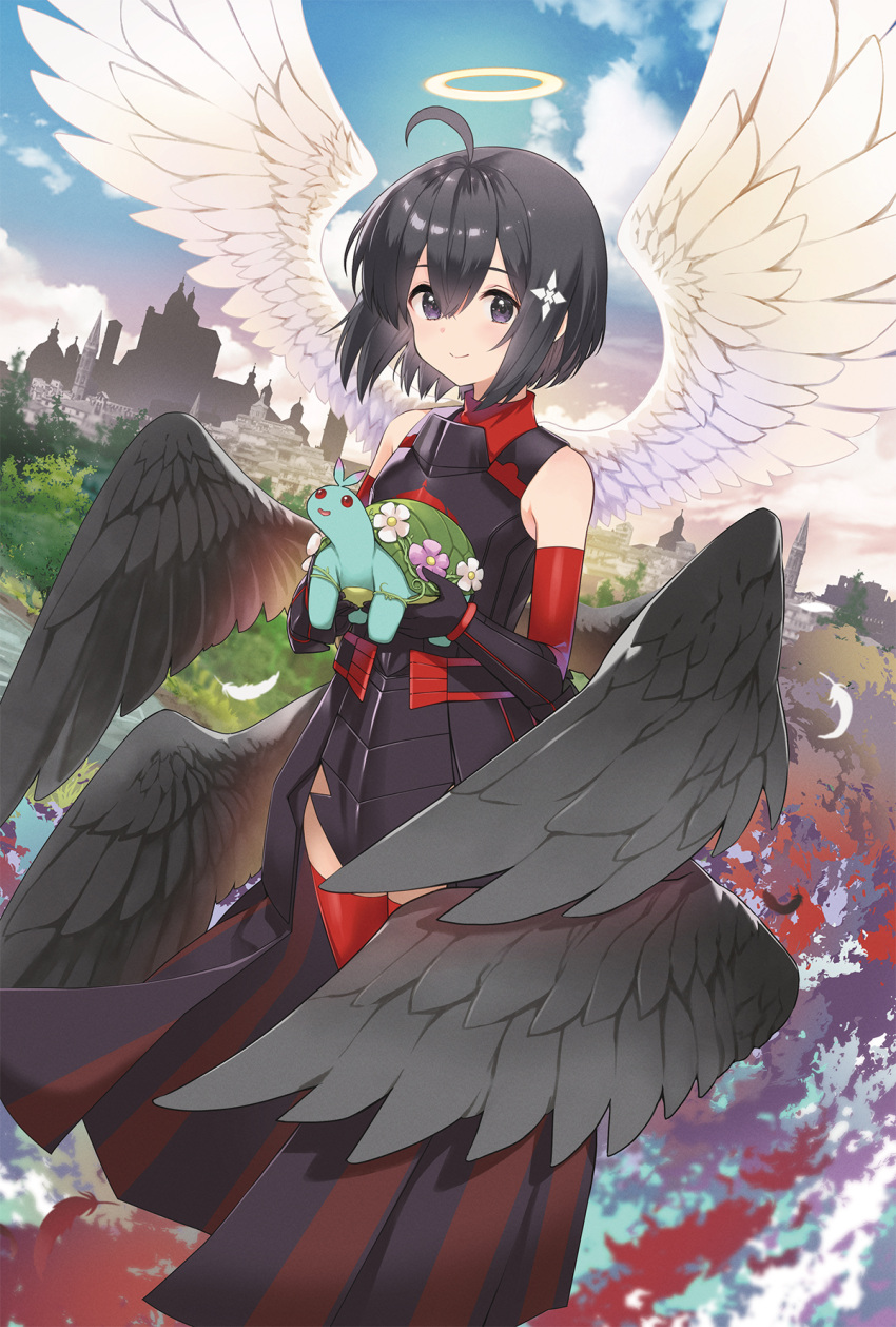 1girl ahoge angel angel_wings animal armor bare_shoulders black_armor black_feathers black_hair black_wings blue_sky bob_cut breastplate breasts city closed_mouth cloud cover cover_page cumulonimbus_cloud dutch_angle elbow_gloves falling_feathers feathered_wings feathers flower foliage gauntlets gloves gradient_sky hair_between_eyes halo highres holding holding_animal itai_no_wa_iya_nano_de_bougyoryoku_ni_kyokufuri_shitai_to_omoimasu koin_(foxmark) looking_at_viewer maple_(bofuri) multiple_wings official_art pink_flower pink_skirt purple_eyes red_gloves red_thighhighs red_undershirt short_hair shuriken_hair_ornament skirt sky skyline small_breasts smile solo standing syrup_(bofuri) textless_version thighhighs tower tree turtleneck white_feathers white_flower white_wings wings zettai_ryouiki