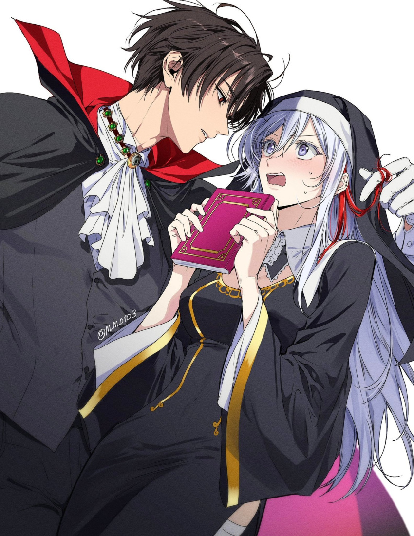 1boy 1girl 86_-eightysix- ascot black_hair blush book breasts eye_contact gloves habit high_collar highres long_hair long_sleeves looking_at_another m_m_pb medium_breasts nun open_mouth parted_lips shinei_nouzen short_hair vladilena_millize white_ascot white_eyes white_gloves white_hair wide_sleeves