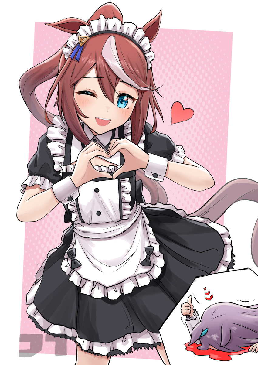 2girls absurdres alternate_costume animal_ears apron aqua_eyes artist_logo black_dress blood blush brown_hair chibi chibi_inset commentary_request cowboy_shot dress enmaided excessive_nosebleed hands_up heart heart_hands highres horse_ears horse_girl horse_tail jtleeklm long_hair maid maid_apron maid_headdress mejiro_mcqueen_(umamusume) multicolored_hair multiple_girls nosebleed one_eye_closed open_mouth ponytail purple_hair smile solo_focus streaked_hair tail thumbs_up tokai_teio_(umamusume) umamusume watermark wrist_cuffs