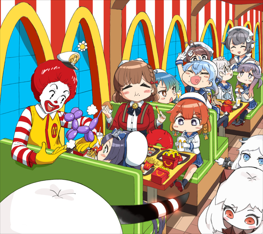 1boy 6+girls asahi_(kancolle) balloon_animal black_hair breasts brown_hair burger chougei_(kancolle) closed_eyes clown cup disposable_cup eating enemy_lifebuoy_(kancolle) english_commentary etorofu_(kancolle) fast_food flower food food_on_face french_fries fukae_(kancolle) glasses gloves grey_hair hair_flaps hair_ornament hat highres hirato_(kancolle) holding holding_cup holding_food horns indoors jingei_(kancolle) kantai_collection matsuwa_(kancolle) mcdonald's mole mole_under_eye multiple_girls northern_little_sister northern_ocean_princess open_mouth osananajimi_neko purple_hair red_hair ronald_mcdonald sado_(kancolle) seaport_princess single_horn sitting sparkle tsushima_(kancolle) white_flower white_gloves white_hair white_headwear