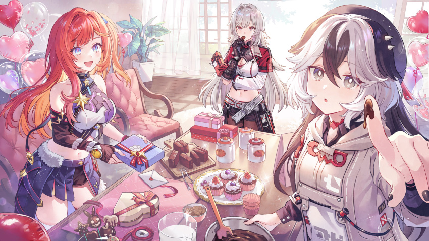 :o absurdres balloon bare_shoulders black_gloves black_hair black_nails black_shorts box breasts chocolate coralie_(honkai_impact) cupcake day detached_sleeves eating english_commentary fingerless_gloves food gift gift_box gloves green_eyes hair_between_eyes happy helia_(honkai_impact) highres holding holding_chocolate holding_food homu_(honkai_impact) honkai_(series) honkai_impact_3rd incoming_gift indoors large_breasts lino_chang long_hair looking_at_another looking_at_viewer midriff milk multicolored_hair red_hair second-party_source senadina_(honkai_impact) shorts small_breasts valentine white_hair