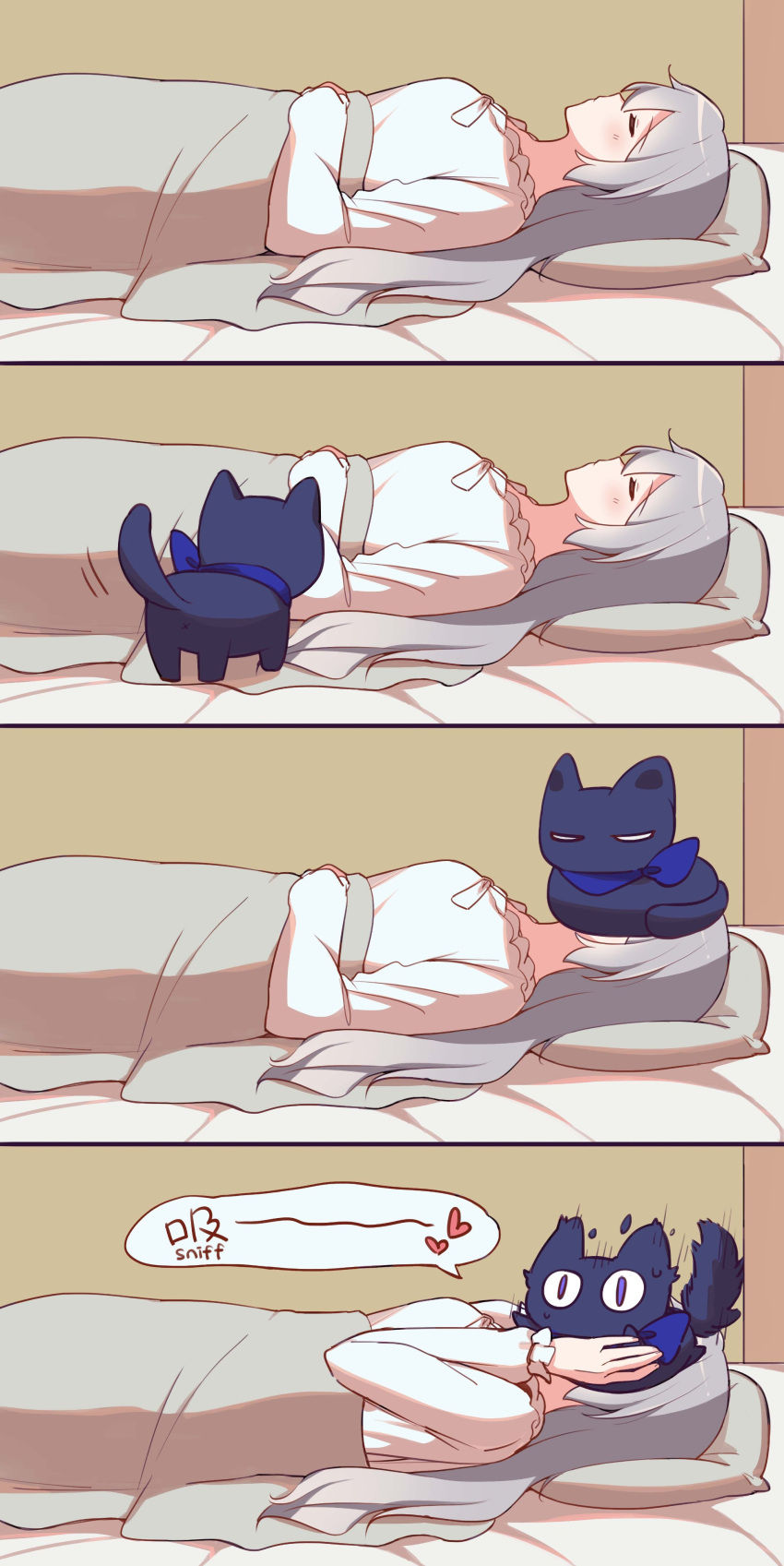 absurdres animal animal_on_head animalization bed blanket blue_cat blue_scarf bronya_rand cat cat_on_head chinese_text closed_eyes commentary critter_pick_(honkai:_star_rail) english_text grey_hair heart highres honkai:_star_rail honkai_(series) lying on_back on_head pillow scarf seele_(honkai:_star_rail) sleeping smelling speech_bubble sunny_day_9797 surprised symbol-only_commentary translated