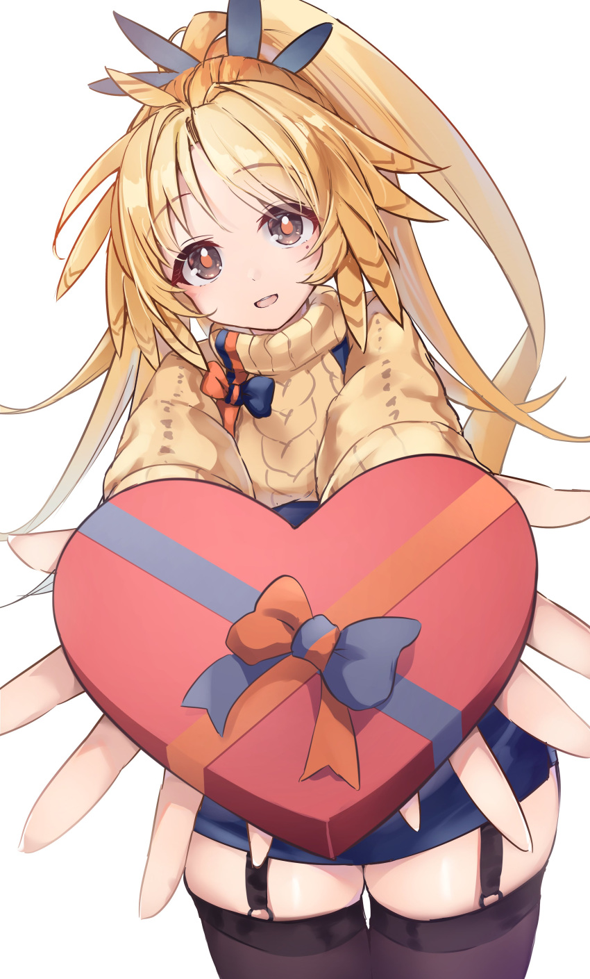 1girl :d absurdres aran_sweater arknights blonde_hair blue_skirt box brown_eyes brown_sweater brown_thighhighs cable_knit commentary_request garter_straps gift gift_box heart-shaped_box high-waist_skirt highres holding holding_gift long_hair long_sleeves looking_at_viewer outstretched_arms parted_lips pinecone_(arknights) ponytail simple_background skindentation skirt smile solo sweater thighhighs turtleneck turtleneck_sweater very_long_hair white_background yuki_kawachi