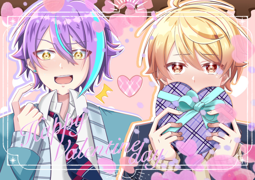 2boys absurdres akm_usss aqua_hair aqua_ribbon asymmetrical_hair blazer blonde_hair blue_cardigan blue_jacket blue_necktie border box cardigan collared_shirt commentary_request covered_mouth cursive double-parted_bangs earrings english_commentary gift gradient_hair hair_between_eyes happy_valentine heart-shaped_box highres holding holding_gift inset_border jacket jewelry kamishiro_rui kamiyama_high_school_uniform_(project_sekai) long_sleeves looking_at_viewer male_focus mixed-language_commentary multicolored_hair multicolored_necktie multiple_boys necktie open_cardigan open_clothes open_jacket open_mouth orange_eyes orange_hair pink_background project_sekai purple_hair red_necktie ribbon school_uniform shirt short_hair striped_necktie stud_earrings tenma_tsukasa two-tone_hair upper_body valentine white_border white_shirt yellow_cardigan yellow_eyes
