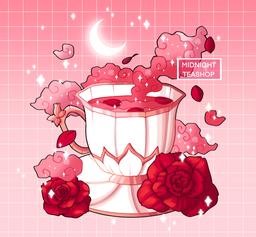 absurdres cloud commentary crescent_moon cup english_commentary english_text flower gradient_background grid_background highres megan_koch moon no_humans object_focus original petals red_background red_flower red_rose rose rose_petals saucer simple_background sparkle steam tea teacup watermark