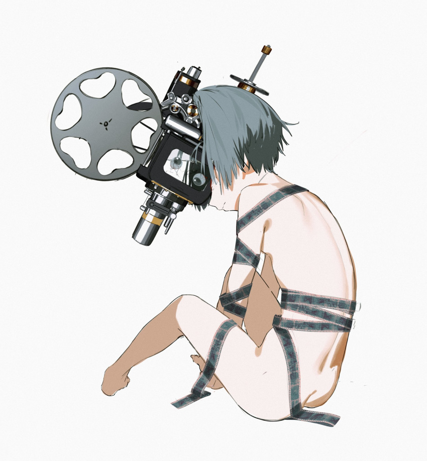 1girl ass camera completely_nude cyborg expressionless eyeball film_strip grey_hair highres nude original ryuuforkaf short_hair simple_background sitting solo white_background