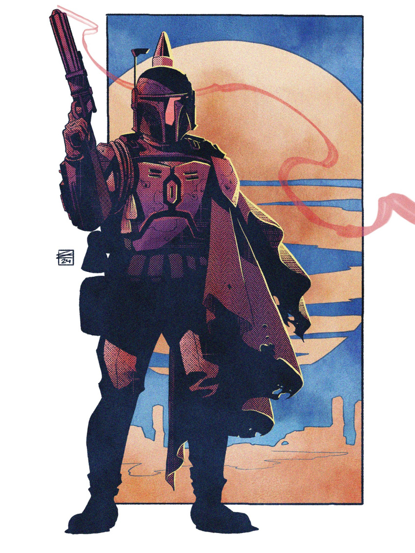 1boy armor blue_sky boba_fett colin_craker full_body gun highres holding holding_gun holding_weapon looking_at_viewer mandalorian mandalorian_armor mandalorian_helmet moon sky smoke smoking_gun solo star_wars weapon