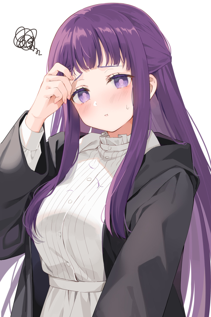 1girl :t black_coat blunt_bangs blush breasts closed_mouth coat dress fern_(sousou_no_frieren) frilled_dress frills highres kurasawa_moko large_breasts long_hair long_sleeves looking_at_viewer open_clothes open_coat pout purple_eyes purple_hair simple_background solo sousou_no_frieren squiggle straight_hair sweatdrop upper_body white_background white_dress