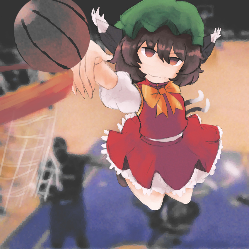 1girl absurdres animal_ears ball basketball basketball_(object) bow bowtie brown_eyes brown_footwear brown_hair cat_ears cat_tail chen closed_mouth green_headwear hat highres iesonatana indoors long_sleeves looking_at_viewer mob_cap multiple_tails nekomata red_skirt red_vest shoes short_hair skirt skirt_set slam_dunk_(basketball) smug tail touhou two_tails vest yellow_bow yellow_bowtie