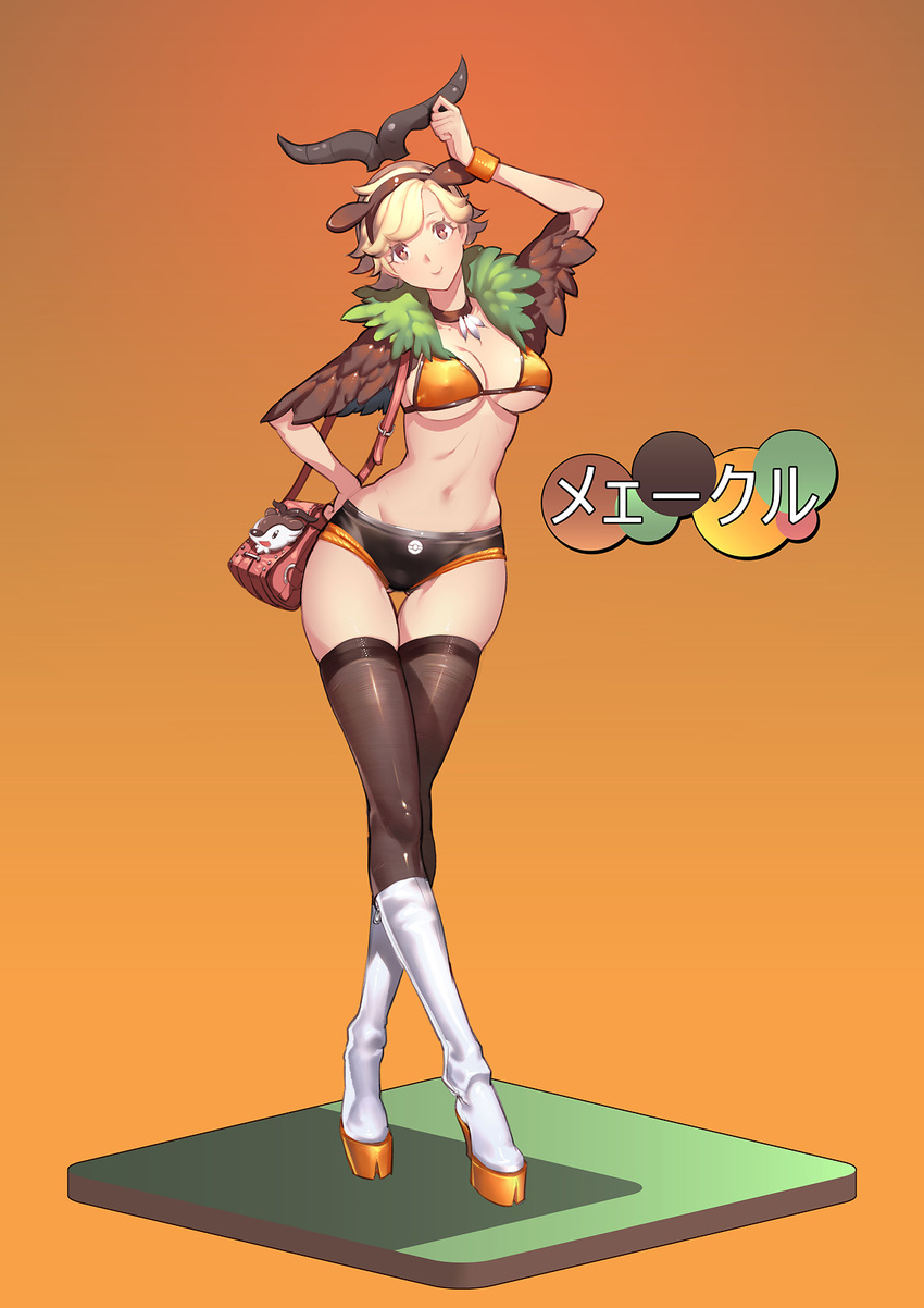 animal_ears bag bikini_top blonde_hair boots breasts brown_eyes character_name covered_nipples crossed_legs fake_horns gen_6_pokemon groin hand_on_hip highres hips horns large_breasts long_legs navel personification platform_footwear platform_heels pokemon pokemon_(creature) ryushin satchel short_hair short_shorts shorts skiddo skindentation smile solo thigh_gap thighhighs translated underboob watson_cross