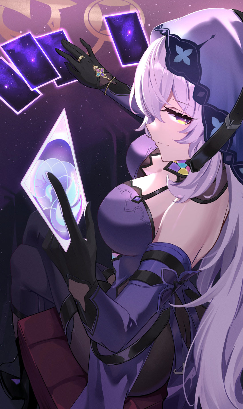 1girl absurdres arm_strap black_gloves black_swan_(honkai:_star_rail) breasts card commentary_request czk dress elbow_gloves gloves highres holding holding_card honkai:_star_rail honkai_(series) large_breasts long_hair looking_at_viewer purple_dress purple_eyes purple_hair sitting sleeveless sleeveless_dress smile solo veil very_long_hair