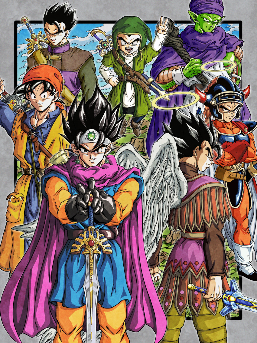 6+boys absurdres angel_wings armor cape colored_skin cosplay dragon_ball dragon_quest dragon_quest_iii dragon_quest_ix dragon_quest_v dragon_quest_vii dragon_quest_viii dragon_quest_xi gogeta gotenks green_headwear halo hat helmet hero_(dq1) hero_(dq1)_(cosplay) hero_(dq11) hero_(dq11)_(cosplay) hero_(dq3) hero_(dq3)_(cosplay) hero_(dq5) hero_(dq5)_(cosplay) hero_(dq7) hero_(dq7)_(cosplay) hero_(dq8) hero_(dq8)_(cosplay) hero_(dq9) hero_(dq9)_(cosplay) highres hiro_(udkod1ezlyi2flo) holding holding_sword holding_weapon looking_at_viewer male_focus multiple_boys namekian piccolo pointy_ears pointy_hair pointy_hat purple_cape roto_(dq3) roto_(dq3)_(cosplay) shoulder_armor smile son_gohan son_goku sword toriyama_akira_(style) turban vegeta vegetto weapon wings yellow_halo