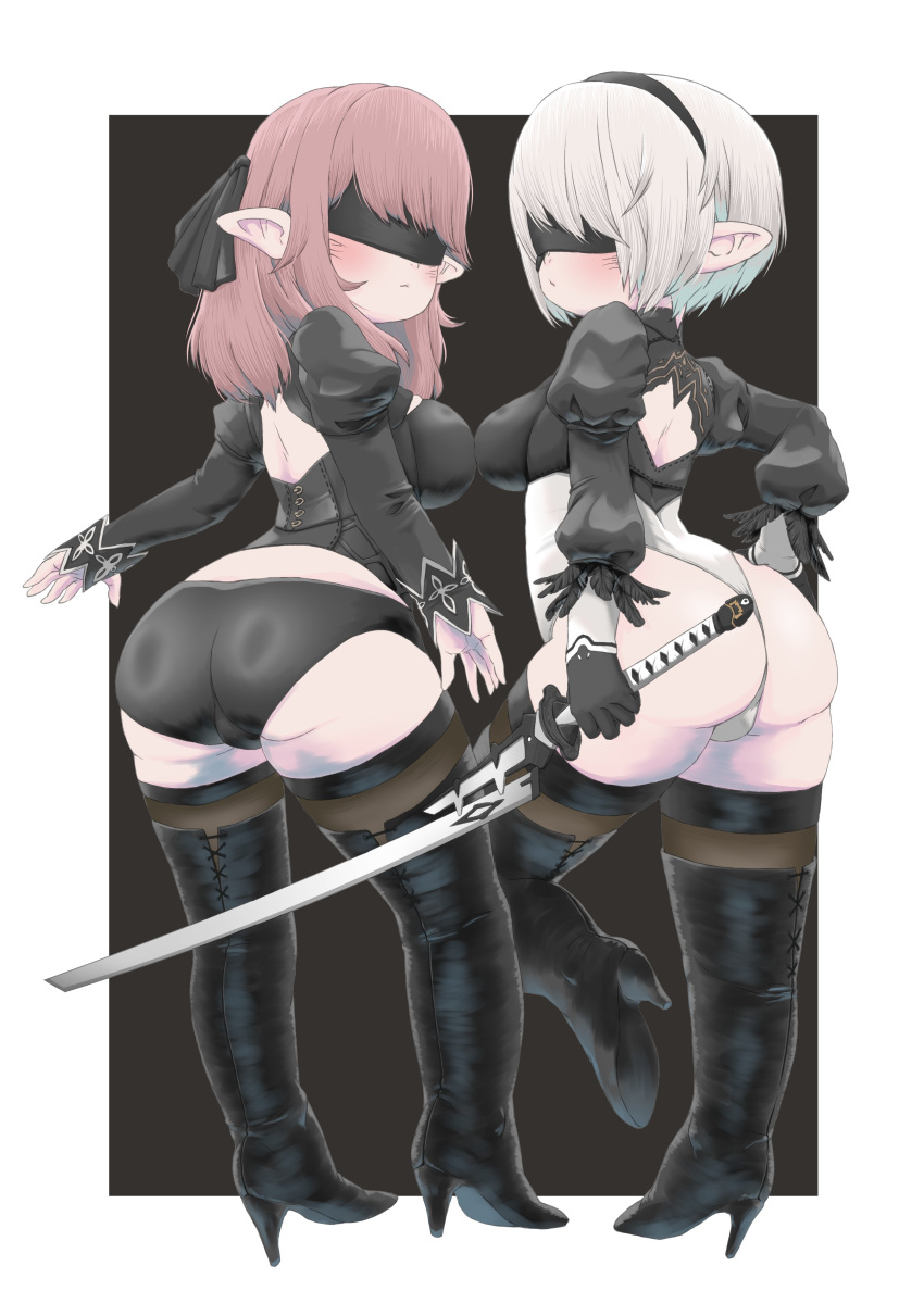 2b_(nier:automata) 2b_(nier:automata)_(cosplay) 2girls a-maki_tasuke absurdres ass back_cutout black_background black_blindfold black_corset black_footwear black_gloves black_hairband black_panties black_thighhighs blindfold boots border breasts character_request clothing_cutout commentary_request corset cosplay covered_eyes expressionless feather-trimmed_sleeves final_fantasy final_fantasy_xiv from_behind full_body gloves hairband high_heel_boots high_heels highleg highleg_leotard highres holding holding_sword holding_weapon juliet_sleeves katana lalafell large_breasts leotard long_hair long_sleeves multiple_girls nier:automata nier_(series) outside_border panties pink_hair pointy_ears puffy_sleeves short_hair shortstack standing standing_on_one_leg sword thigh_boots thighhighs thong_leotard underwear virtuous_contract weapon white_border white_hair white_leotard