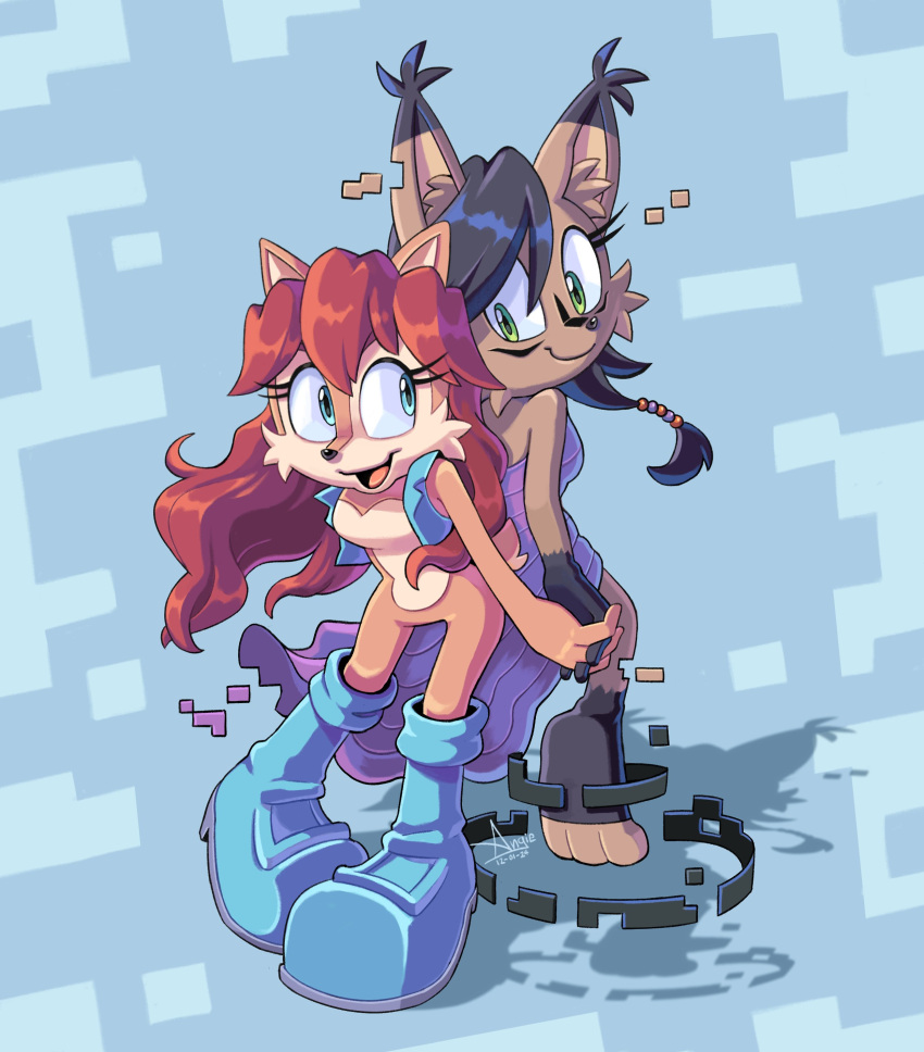 2girls absurdres angiethecat animal_ears black_hair blue_background blue_eyes blue_footwear blue_vest boots brown_hair dress full_body furry furry_female glitch green_eyes highres long_hair multiple_girls nicole_the_holo-lynx open_clothes open_mouth open_vest purple_dress sally_acorn signature sleeveless sleeveless_dress sonic_(series) tail vest