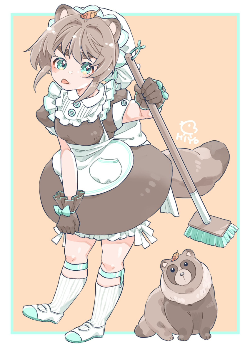 1girl :p animal_ears apron artist_logo artist_name border breasts broom brown_dress brown_gloves brown_hair dress frilled_gloves frills full_body gloves green_border green_eyes hair_intakes hat highres hiyo_5353 holding holding_broom leaf leaf_on_head legwear_garter looking_at_viewer maid orange_background original outside_border raccoon raccoon_ears raccoon_girl raccoon_tail shoes short_hair short_sleeves sidelocks simple_background small_breasts socks solo standing tail thick_eyebrows tongue tongue_out white_apron white_border white_footwear white_headwear white_socks