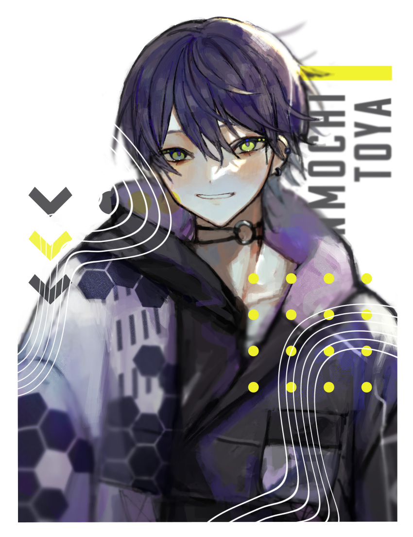 1boy absurdres bishounen character_name choker ear_piercing green_eyes grey_eyes highres jacket kenmochi_touya male_focus nijisanji piercing purple_hair purple_jacket short_hair simple_background smile solo tunena_mi upper_body virtual_youtuber white_background