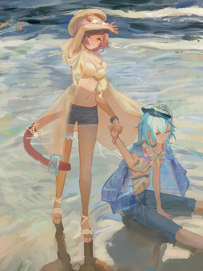 1boy 1girl absurdres animal_ears arknights arm_up beret between_legs bikini bikini_under_clothes black_headwear black_jacket black_shorts blue_hair brown_headwear cat_ears cat_girl cat_tail closed_mouth commentary_request creator_connection goldenglow_(arknights) goldenglow_(summer_flowers)_(arknights) grey_eyes hair_between_eyes hand_between_legs hat highres holding_hands jacket jacket_on_shoulders long_sleeves mizuki_(arknights) navel pink_hair sandals shirt short_shorts short_sleeves shorts sitting standing susukawa_(susucawa) swimsuit tail water waves white_footwear white_shirt