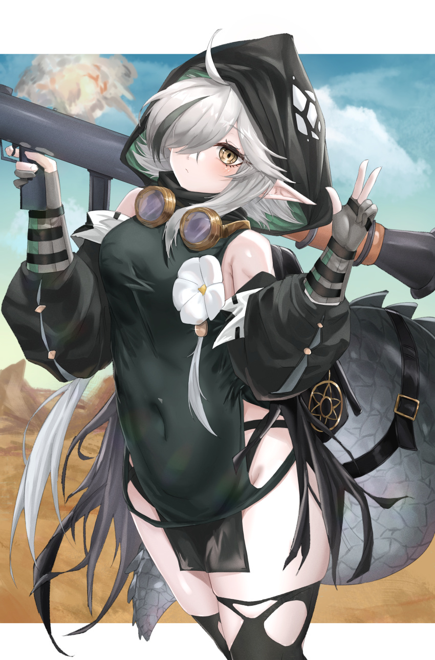 1girl absurdres arknights black_dress black_hair black_jacket black_thighhighs blue_sky cloud commentary cowboy_shot crocodilian_tail desert dress frown gauntlets goggles goggles_around_neck grenade_launcher grey_hair gun hair_over_one_eye highres holding holding_gun holding_weapon hood hood_up jacket long_hair looking_at_viewer multicolored_hair outdoors pelvic_curtain pointy_ears putcho sky solo streaked_hair tail thighhighs thighs tomimi_(arknights) torn_clothes torn_thighhighs weapon yellow_eyes