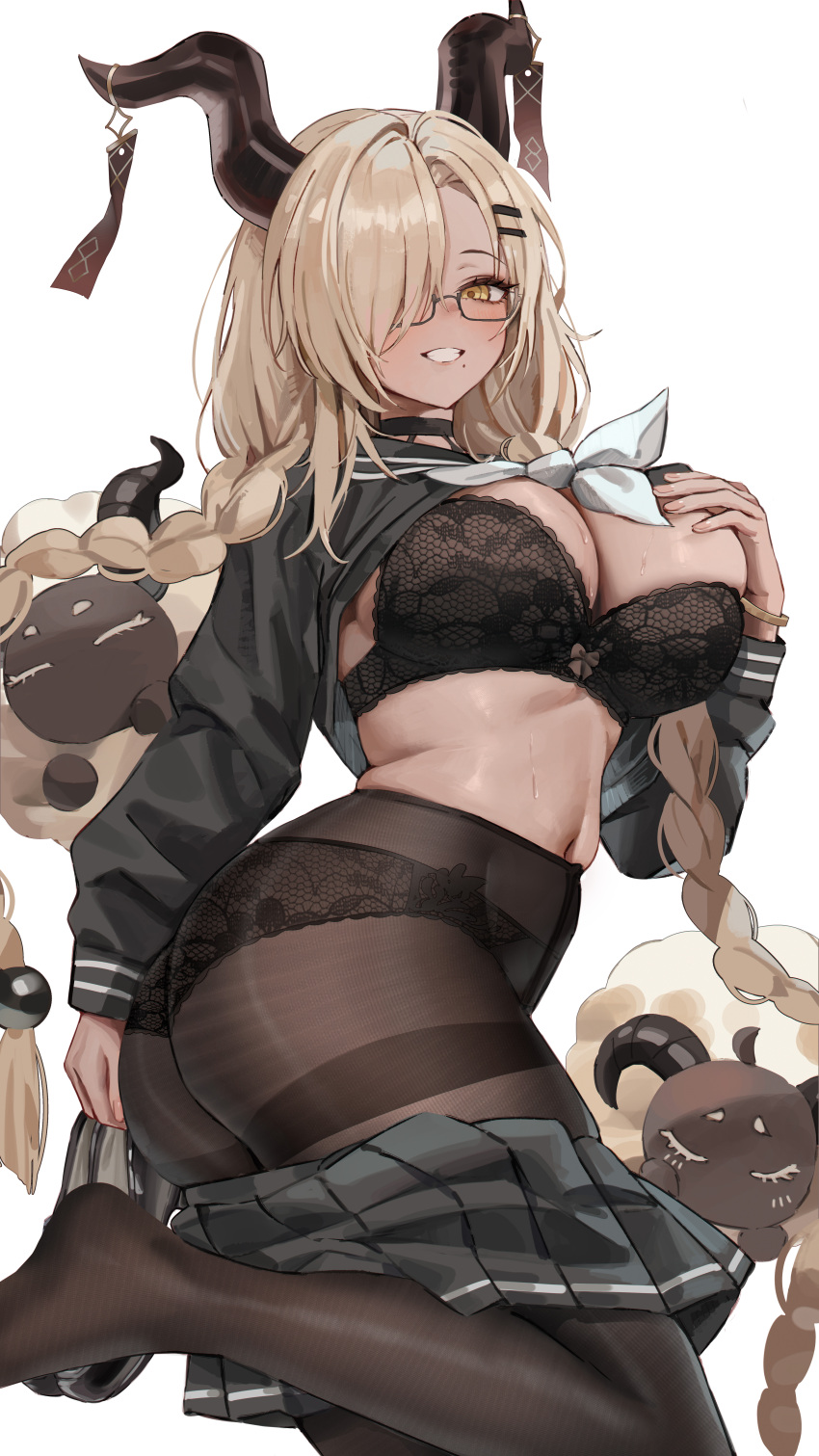 1girl absurdres alternate_costume ass asymmetrical_bangs azur_lane bespectacled black_bra black_choker black_panties black_pantyhose black_serafuku blush bra braid breasts brown_hair choker clothes_lift clothes_pull commentary dark-skinned_female dark_skin glasses gompang_11 grin hair_over_one_eye hand_on_own_chest highres horns korean_commentary lace lace_bra lace_panties large_breasts long_hair long_sleeves looking_at_viewer mole mole_under_mouth navel neckerchief one_eye_covered owari_(azur_lane) panties panties_under_pantyhose pantyhose pleated_skirt school_uniform serafuku sheep sheep_horns shirt_lift simple_background skindentation skirt skirt_pull smile solo stomach twin_braids underwear very_long_hair white_background white_neckerchief