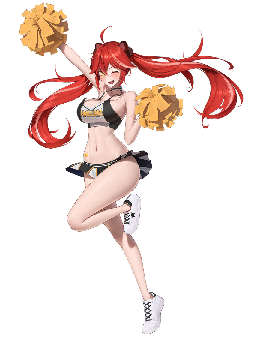 1girl ;d ahoge animal_ears arm_up bare_shoulders blush breasts cheerleader cleavage commentary full_body hantata highres large_breasts long_hair looking_at_viewer navel one_eye_closed pleated_skirt pom_pom_(cheerleading) red_hair remind scar scar_on_arm scar_on_cheek scar_on_face shoes skirt smile sneakers solo sports_bra star_sticker sticker_on_stomach stomach twintails virtual_youtuber white_footwear yellow_eyes