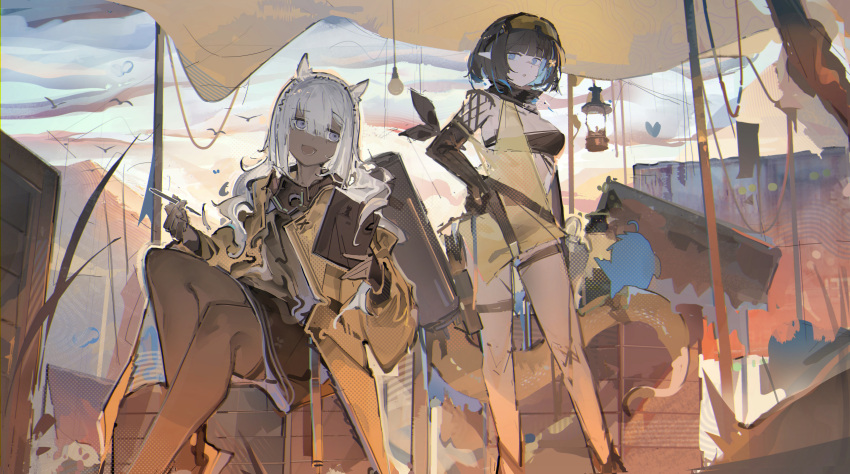 2girls absurdres animal_ears arknights bandeau black_bandeau black_dress black_gloves black_hair blue_hair book box building canopy_(shelter) coat colored_inner_hair commentary crocodilian_tail dark-skinned_female dark_skin dress eunectes_(arknights) feet_out_of_frame gloves goggles goggles_on_head gradient_sky grey_eyes high_priest_(arknights) highres holding holding_book holding_pen jumbowhopper lantern looking_at_another multicolored_hair multiple_girls on_box open_mouth outdoors pen pointy_ears shirt sitting sketch sky smile tail tuye_(arknights) white_hair yellow_coat yellow_shirt