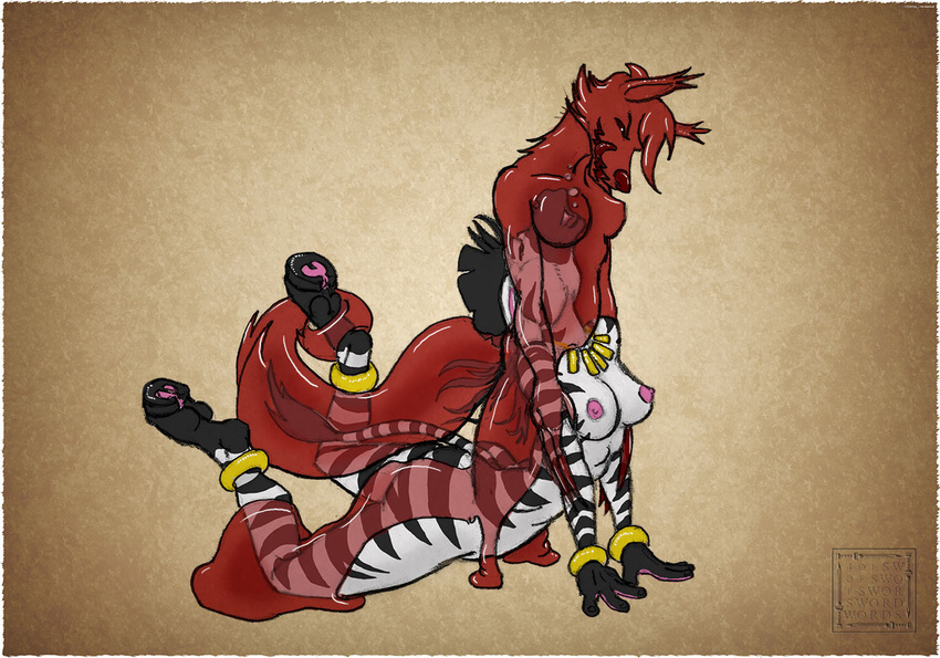 4ofswords anklet anthro asphyxiation bracelet breasts canine death equine female fox goo jewelry mammal necklace nipples open_mouth plain_background red_slime slime smile styx teeth thera tongue vore wolfencognito zebra