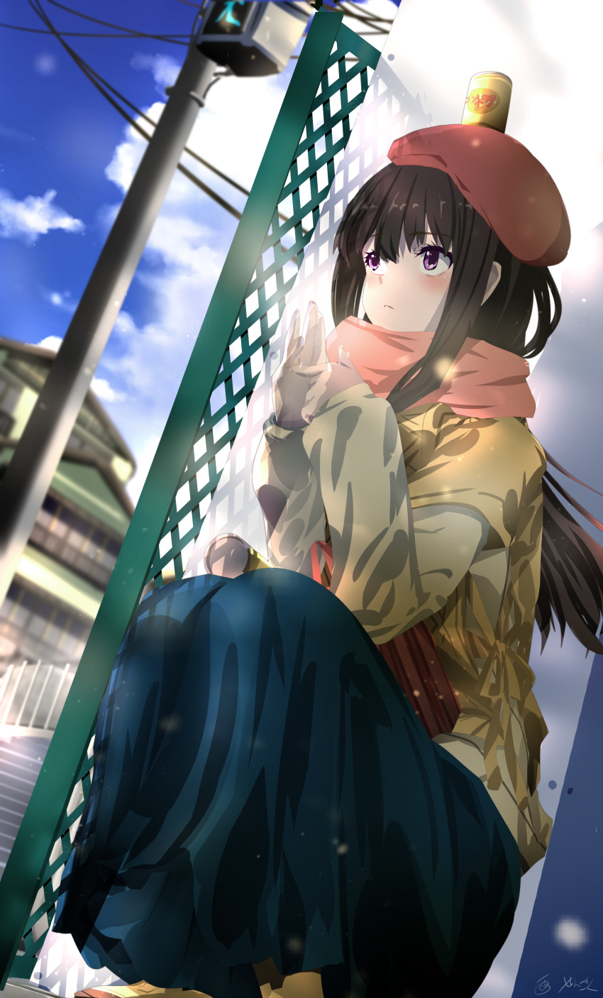 1girl absurdres alternate_costume beret black_hair black_skirt blue_sky blurry blurry_background building can capelet casual closed_mouth cloud day depth_of_field expressionless green_shirt hands_up hat highres inoue_takina light_particles long_hair long_skirt long_sleeves lycoris_recoil object_on_head orange_scarf outdoors power_lines purple_eyes red_headwear road_sign scarf sengoku_chidori shirt shoes sidelocks sign signature skirt sky solo squatting traffic_light yellow_capelet yellow_footwear