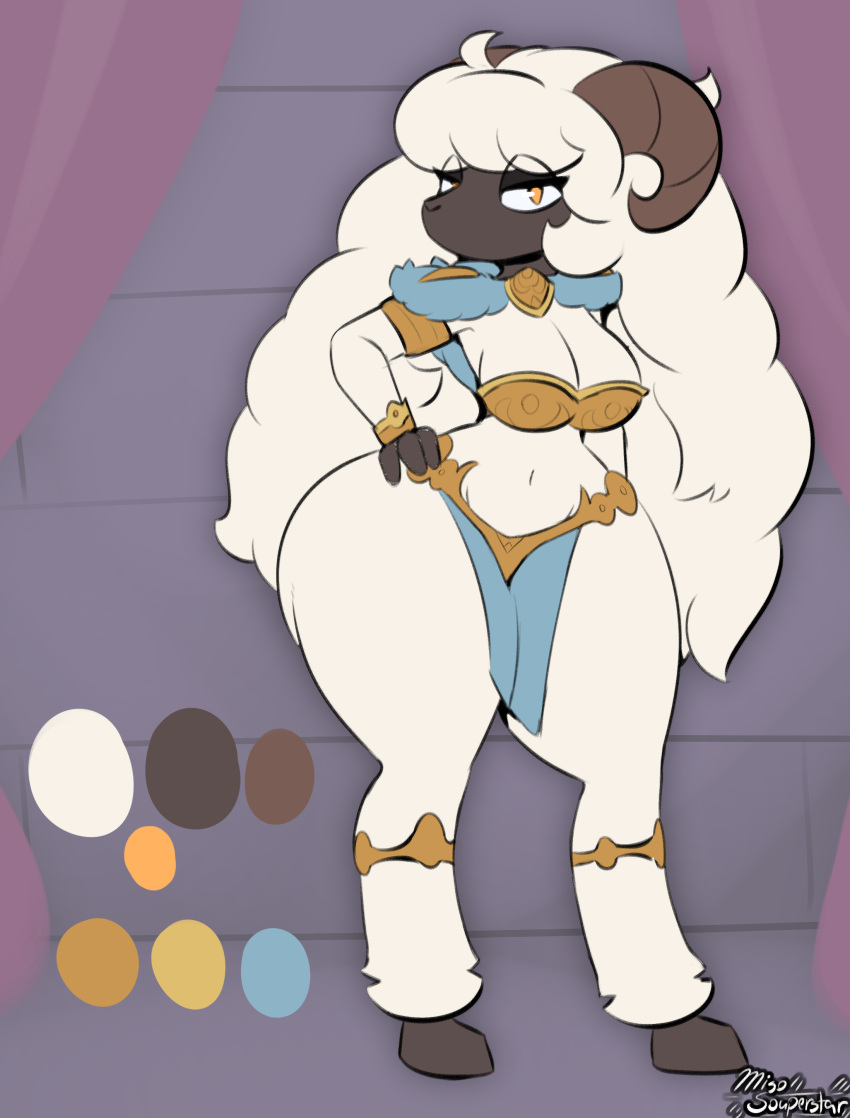 2024 2_horns absurd_res anthro armor armwear bell_(miso_souperstar) big_butt black_hooves black_nose blue_loincoth bottomwear bovid breasts butt caprine cleavage clothed clothing female front_view fur grey_horn half-closed_eyes hand_on_hip hi_res hooves horn huge_butt huge_thighs looking_at_viewer mammal medium_breasts miso_souperstar model_sheet narrowed_eyes orange_eyes pauldron sheep skimpy solo standing thick_thighs topwear white_body white_fur wide_hips wool_(fur) yellow_armwear yellow_bottomwear yellow_clothing yellow_topwear