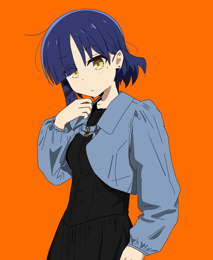 1girl black_dress blue_hair blue_jacket bocchi_the_rock! cowboy_shot dress ear_piercing hair_ornament hairclip highres jacket medium_hair mole mole_under_eye nekoko_samurai orange_background piercing simple_background solo yamada_ryo yellow_eyes