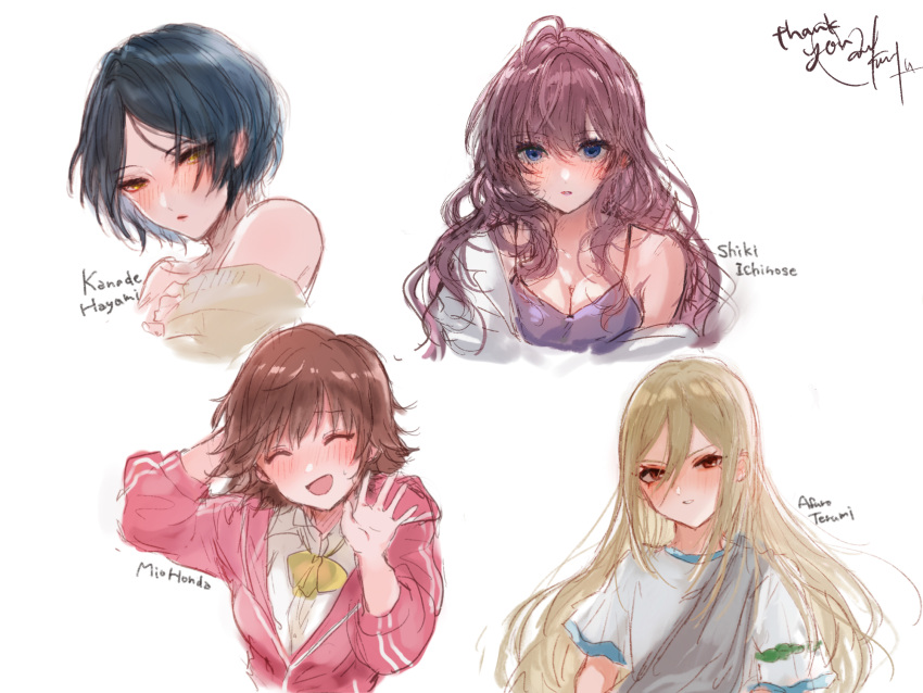 4girls ^_^ afuro_terumi ahoge blonde_hair blue_hair breasts brown_hair camisole character_name cleavage closed_eyes cropped_torso dark_blue_hair hair_between_eyes hayami_kanade highres honda_mio hood hooded_jacket ichinose_shiki idolmaster idolmaster_cinderella_girls inazuma_eleven_(series) jacket kuromitsu_maria long_hair medium_breasts multiple_girls purple_camisole purple_hair short_hair simple_background track_jacket upper_body very_long_hair white_background