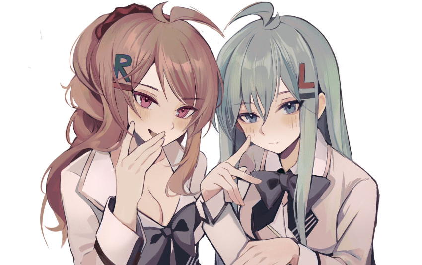 2girls ahoge black_ribbon blue_eyes blue_hair blush breasts cleavage genderswap genderswap_(mtf) green_hair hair_ornament hairpin hand_on_own_cheek hand_on_own_face hand_to_own_mouth high_ponytail highres long_hair looking_at_viewer madproject6 multiple_girls pink_hair red_hair ribbon scrunchie shirt smile sound_voltex tsumabuki_left tsumabuki_right upper_body vest white_background white_shirt white_vest