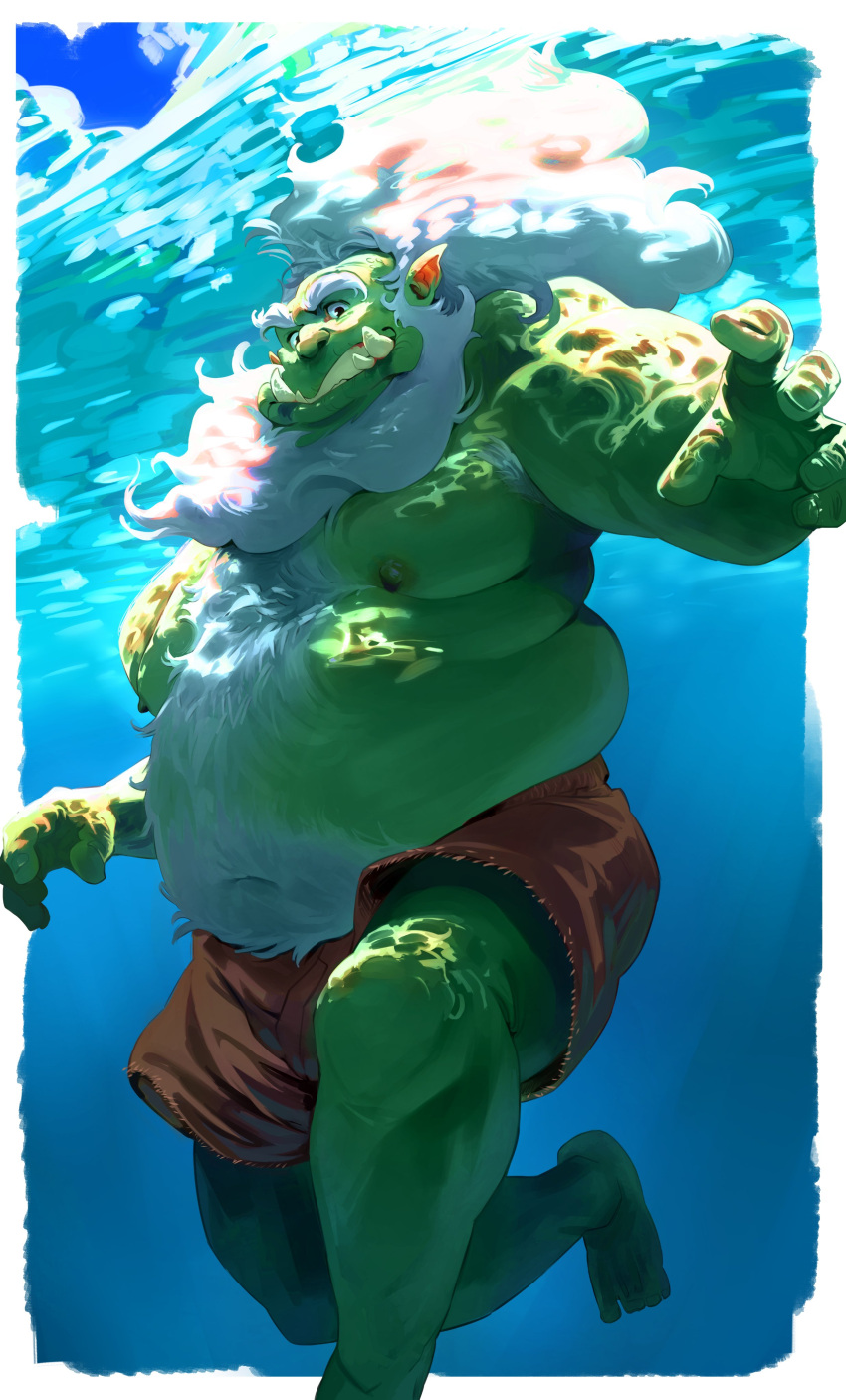1boy absurdres armpit_hair armpit_hair_peek bara beard big_belly body_fur bog_(sharpysketch) colored_skin facial_hair fat fat_man feet_out_of_frame floating_hair full_beard green_skin hairy highres long_hair male_focus mature_male monster_boy navel navel_hair nipples old old_man orc original pointy_ears ross_(doodlrenzo) short_shorts shorts solo stomach swimming thick_beard thick_chest_hair thick_eyebrows thick_navel_hair topless_male tusks underwater