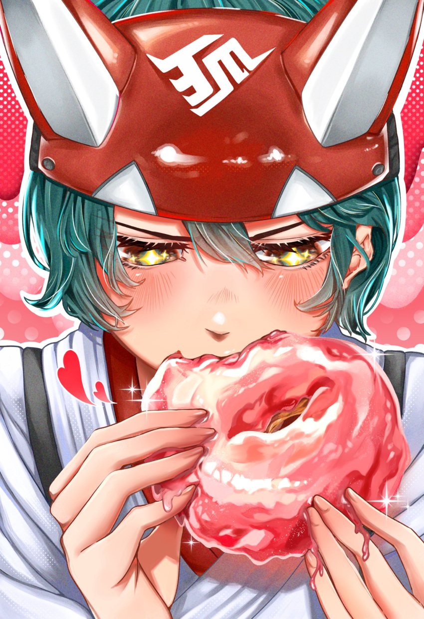 biting blush doughnut eating food fox_mask green_hair hair_between_eyes half_mask highres holding holding_food japanese_clothes kiriko_(overwatch) mask miko overwatch overwatch_2 pink_background si_mone_1204 yellow_eyes