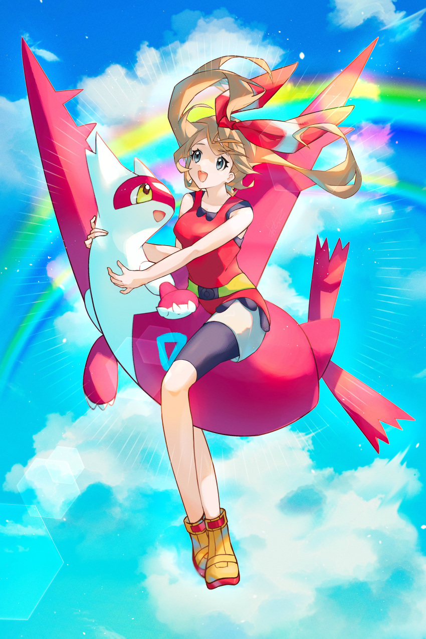 1girl :d absurdres asatte_3z bare_shoulders blue_eyes bow brown_hair cloud cloudy_sky flying full_body hair_bow highres latias may_(pokemon) open_mouth pokemon pokemon_(creature) pokemon_oras rainbow red_bow red_shirt riding riding_pokemon shirt shorts sky sleeveless sleeveless_shirt smile