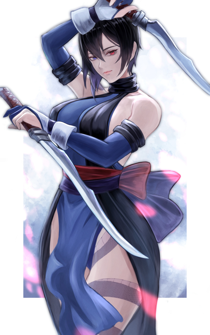 1girl akito1218 arm_up backless_kimono bare_shoulders blue_eyes blue_gloves blue_hair blue_kimono breasts closed_mouth cowboy_shot detached_sleeves dual_wielding elbow_gloves fingerless_gloves gloves heterochromia highres holding holding_sword holding_weapon japanese_clothes kimono leg_tattoo looking_at_viewer ninja obi partially_fingerless_gloves red_eyes reverse_grip samurai_spirits sash shiki_(samurai_spirits) short_hair short_sword smile solo sword tantou tattoo weapon