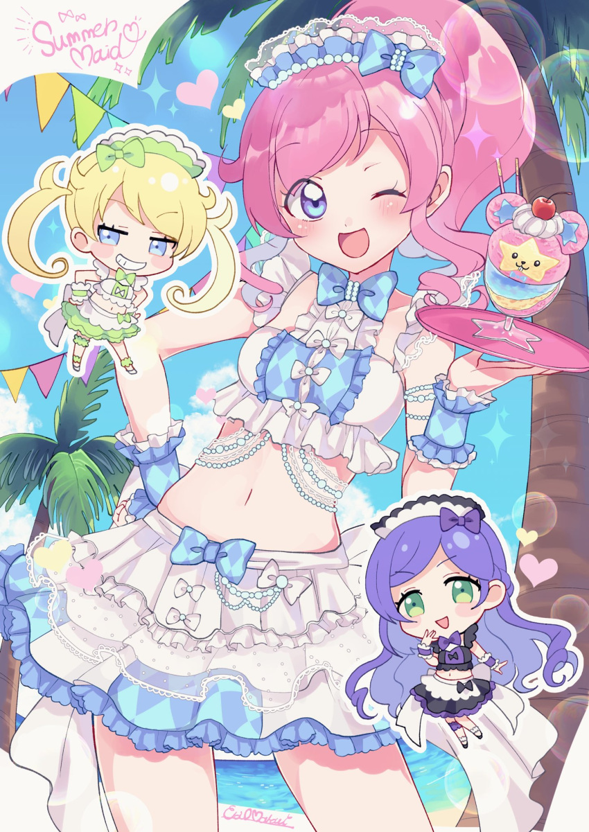 3girls :d ;d aoba_rinka bare_shoulders beach black_skirt blonde_hair blue_bow blue_eyes blue_skirt blue_sky bow center_frills character_food cherry chibi cowboy_shot crop_top day food frilled_skirt frills fruit green_eyes green_skirt grin hair_bow hand_on_own_hip hand_up hands_on_own_hips high_ponytail highres holding holding_tray ice_cream ice_cream_cup kiracchu_(pri_chan) kiratto_pri_chan long_hair looking_at_viewer maid maid_headdress marueri moegi_emo momoyama_mirai multiple_girls navel ocean one_eye_closed open_mouth outdoors palm_tree pink_hair pretty_series purple_hair sand sidelocks skirt sky smile standing string_of_flags summer_maid_coord tray tree twintails unconventional_maid water white_bow wrist_cuffs