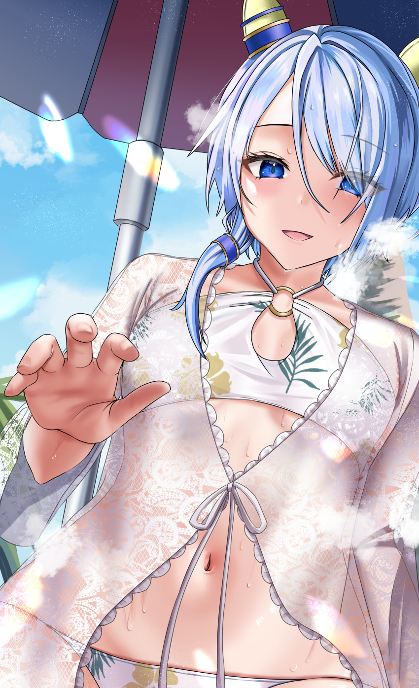 1girl absurdres alternate_costume animal_ears beach_umbrella blue_eyes blue_hair blue_sky blush cloud cloudy_sky commentary_request ear_covers ear_ornament floral_print_bikini hair_between_eyes highres horse_ears horse_girl k.s.miracle_(umamusume) light_blue_hair looking_at_viewer navel outdoors po_musubi short_hair short_ponytail sky smile solo umamusume umbrella