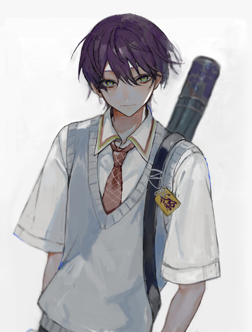 1boy absurdres bishounen closed_mouth cowboy_shot grey_eyes highres kenmochi_touya looking_at_viewer male_focus necktie nijisanji purple_hair red_necktie school_uniform short_hair simple_background solo tunena_mi virtual_youtuber white_background