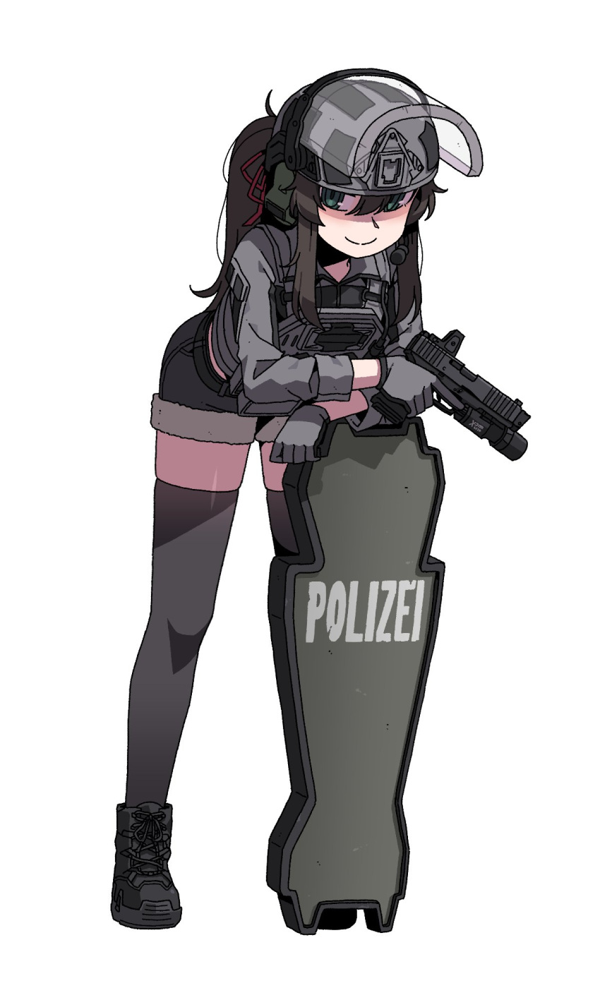 1girl black_footwear black_skirt black_thighhighs blue_eyes boots breasts brown_hair combat_helmet commission ear_protection flashlight full_body german_text glock gloves grey_gloves grey_jacket gun hair_between_eyes handgun helmet highres holding holding_weapon jacket karepack large_breasts leaning_forward leaning_on_object looking_at_viewer microphone optical_sight original plate_carrier ponytail red_ribbon ribbon shield short_shorts shorts sidelocks skirt smile solo termichan_(not-a-bot) thighhighs visor_(armor) weapon