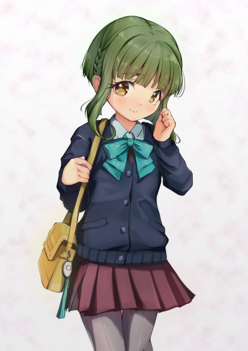 1girl absurdres alternate_costume aqua_bow aqua_bowtie bag black_jacket bob_cut bow bowtie braid brown_eyes brown_skirt collared_shirt cowboy_shot dress_shirt green_hair grey_pantyhose handbag highres jacket kantai_collection pantyhose shirt short_hair short_hair_with_long_locks side_braid skirt smile solo takanami_(kancolle) white_background white_shirt yashin_(yasinz)