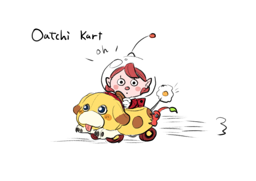 1girl :o animal-themed_vehicle backpack bag black_eyes blush_stickers colored_skin commentary_request driving english_text eyelashes flower gloves jumpsuit leaf looking_at_viewer mario_(series) mario_kart no_mouth oatchi_(pikmin) open_mouth parody pikmin_(creature) pikmin_(series) pikmin_4 pink_hair pointy_ears pointy_nose puff_of_air red_bag red_jumpsuit red_pikmin red_skin rescue_officer_(pikmin) short_hair simple_background spacesuit speed_lines usuba_(hatomugip) white_background white_flower white_gloves