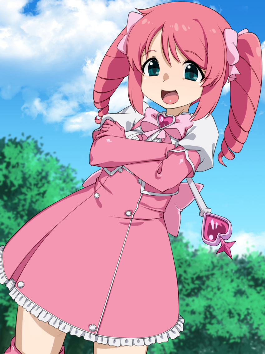 1girl :d blouse blue_eyes blue_sky bow bush buttons cloud commentary_request crossed_arms day dress drill_hair elbow_gloves gloves heart high-waist_skirt highres magia_magenta magical_girl mahou_shoujo_ni_akogarete nurugamer-kouyouju open_mouth outdoors pink_bow pink_dress pink_gloves pink_hair pink_skirt puffy_short_sleeves puffy_sleeves shirt short_sleeves skirt sky smile solo tareme twin_drills wand white_shirt