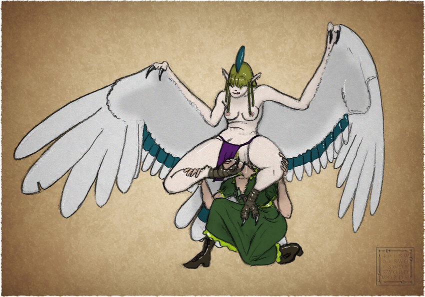 avian boots breasts clothed clothing duo ear_piercing female green_clothing harpy human keisha kneeling lesbian lost_my_keys mammal nipple_piercing nipples piercing pussy pussy_juice spread_wings svartvinge tongue tongue_out topless unbirthing white_feathers wings